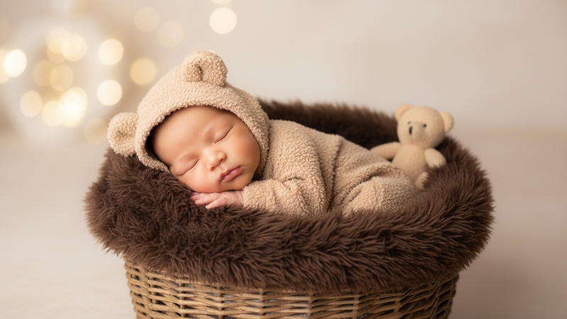 Prompt tạo ảnh newborn cho bé trai concept chú gấu nâu