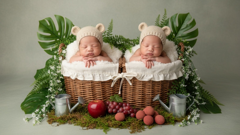 Ảnh newborn AI cho cặp song sinh concept khu vườn nhiệt đới
