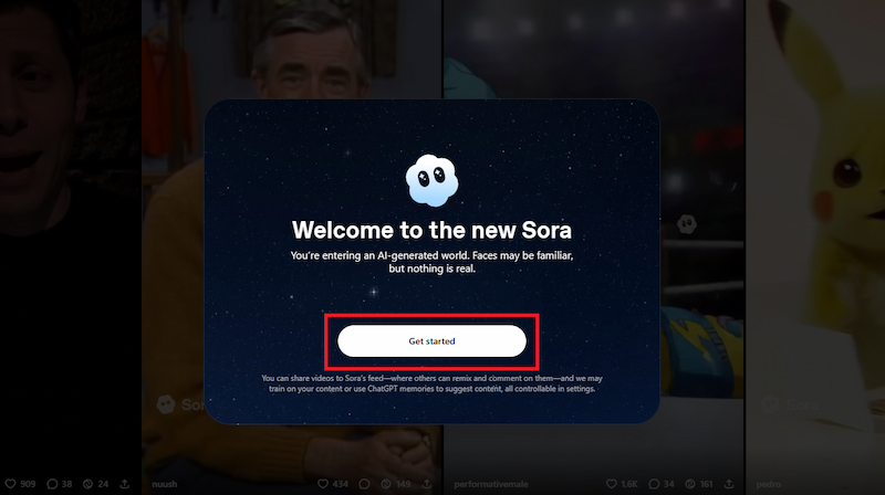 Nhấn Get Started để sử dụng Sora 2