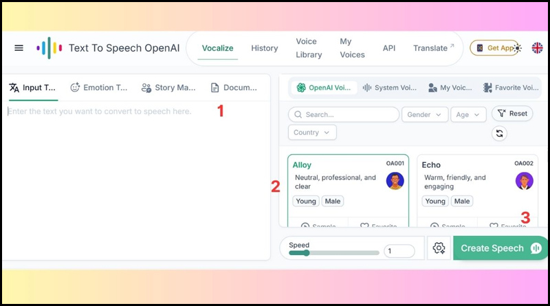 Nhập văn bản muốn chuyển thành giọng nói và nhấn Create Speech