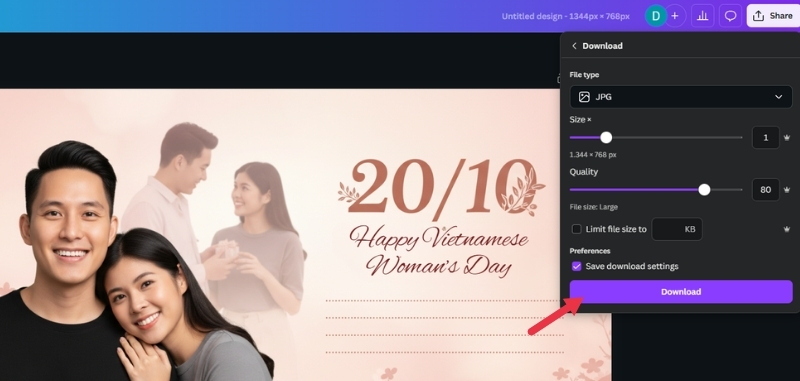 Tải thiệp poster 20/10 đã chỉnh sửa xong từ Canva về máy tính