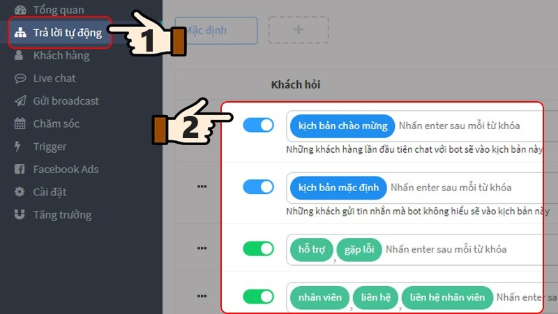 Chọn Trả lời tự động, nhấn vào kịch bản mong muốn