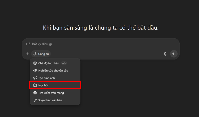 Từ giao diện của ChatGPT chọn vào học hỏi trong phần Công cụ
