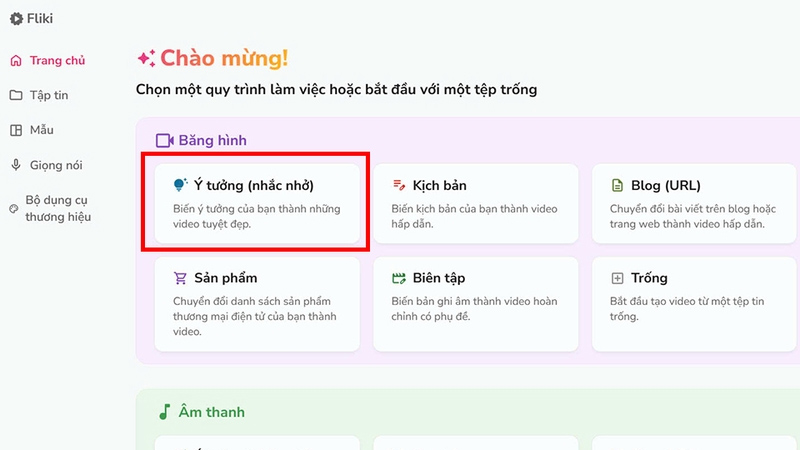 Trong giao diện chính của Fliki AI chọn quy trình làm việc