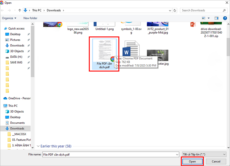 Bạn chọn tài liệu PDF cần dịch thuật tải lên ChatGPT