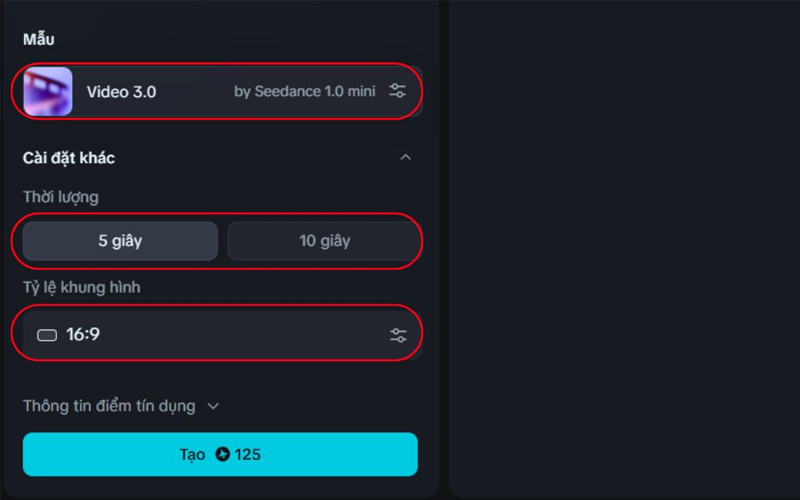 Chọn Video 3.0 by Seedance 1.0 mini, thời lượng video và tỷ lệ khung hình 