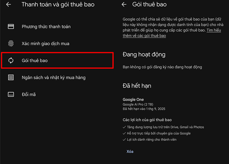 Chọn vào phần “Gói thuê bao”