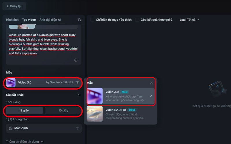 Nhấn vào mô hình Video 3 by Seedance 1.0 mini 
