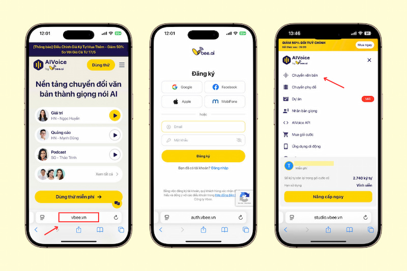 Chọn Chuyển văn bản trên Vbee AI