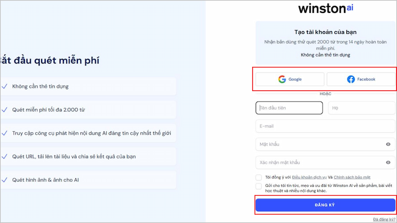 Đăng ký tài khoản Winston AI