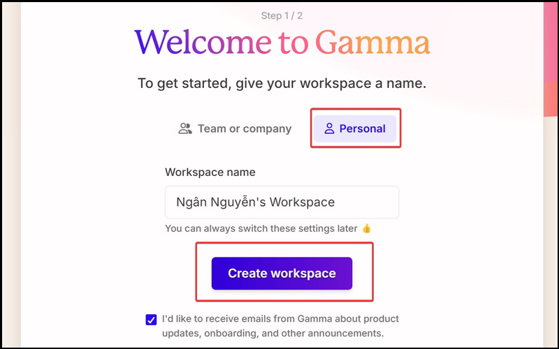 Đặt tên cho workspace theo ý muốn và nhấn Create workspace
