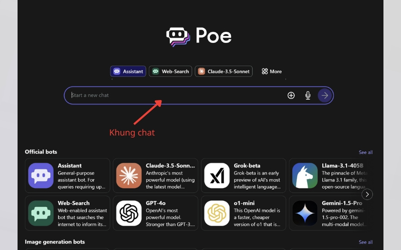Tương tác với Poe AI bằng cách nhập câu hỏi vào khung chat