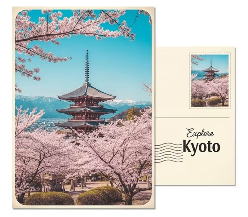 Mặt trước của một tấm bưu thiếp du lịch cổ điển về Kyoto