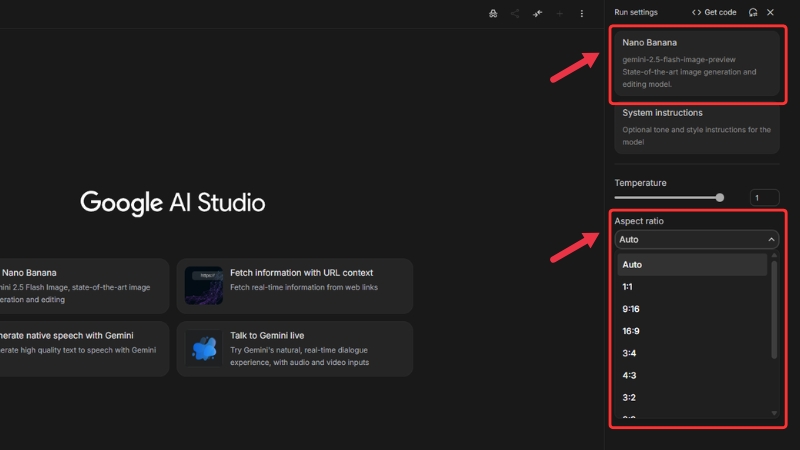 Chọn tỷ lệ khung hình trong Google AI Studio khi tạo thiệp 20/10