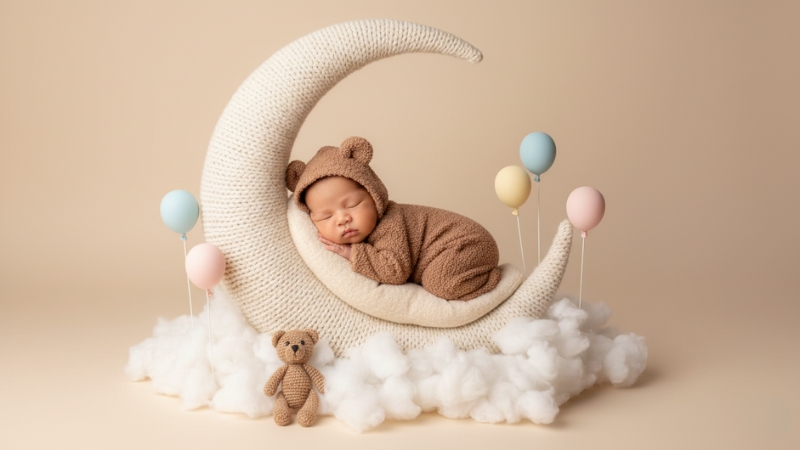 Ảnh newborn AI cho bé concept ngủ trên mặt trăng