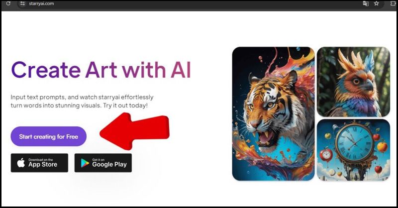 Từ trang web của Starry AI chọn Bắt đầu miễn phí
