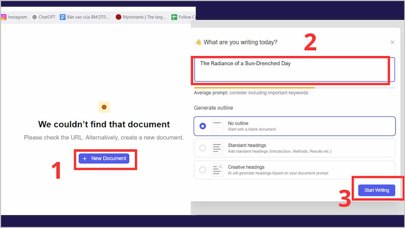 Nhấn vào mục New Document trên Jenni AI