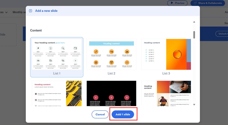Nhấn Add Slide để chèn nội dung và chỉnh sửa theo ý tưởng