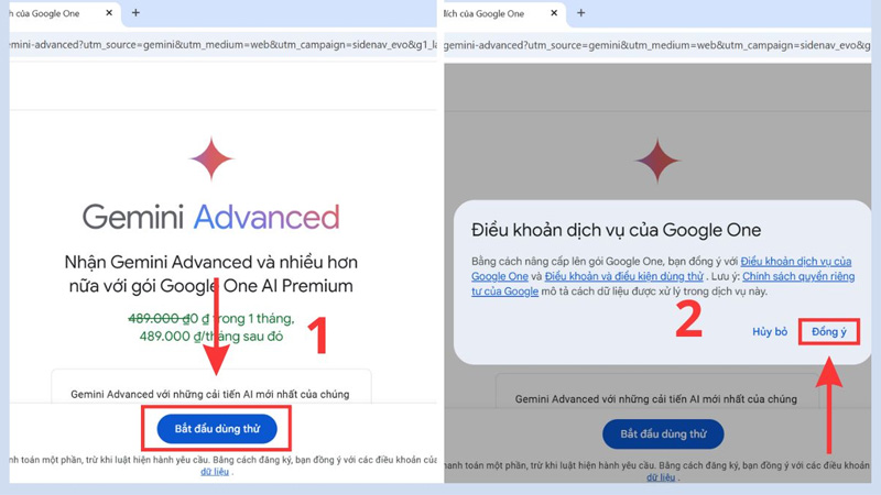 Đồng ý để xác nhận dùng thử Gemini Advanced