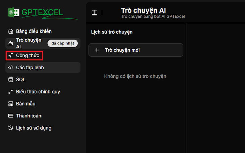 Nhấn vào mục công thức trên GPTExcel