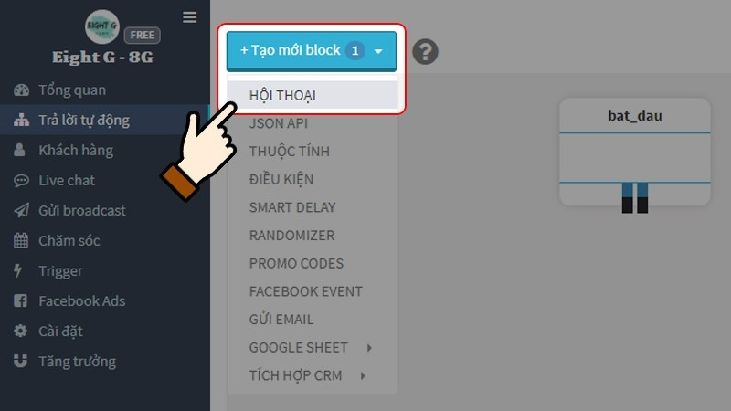 Chọn Tạo mới block, sau đó nhấn vào mục Hội thoại 