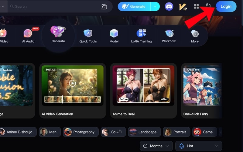 Chọn mục Login tại giao diện trang chủ SeaArt AI