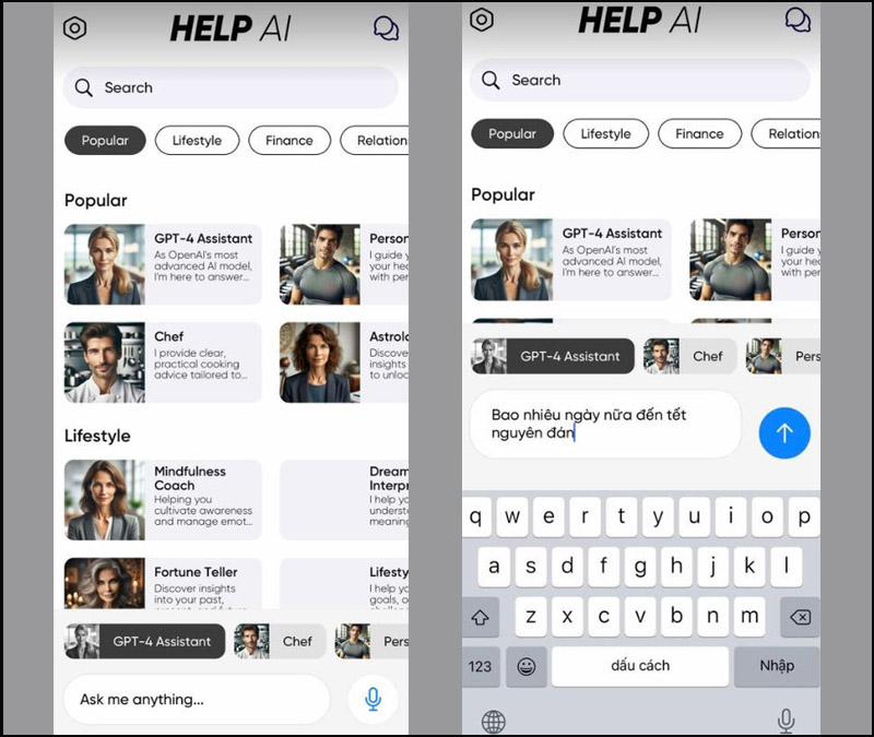 Mở ứng dụng Help AI và nhập nội dung câu hỏi 