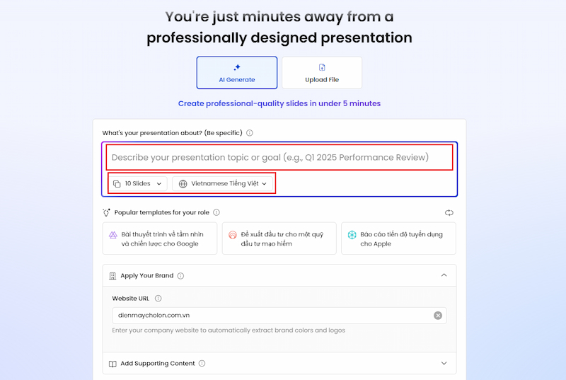 Nhập nội dung, yêu cầu về slide muốn tạo Presentations AI
