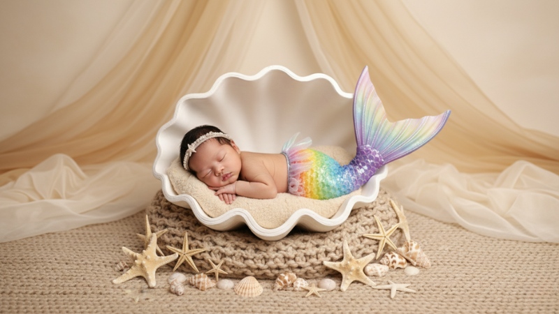 Tạo ảnh newborn AI concept nàng tiên cá nhỏ đáng yêu trong vỏ sò