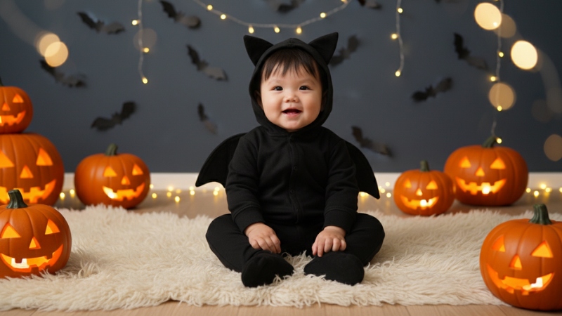 Prompt tạo ảnh Halloween AI cho bé trai trong trang phục chú dơi ngộ nghĩnh