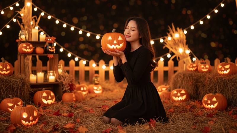 Prompt tạo ảnh Halloween cho nữ trong không khí lễ hội
