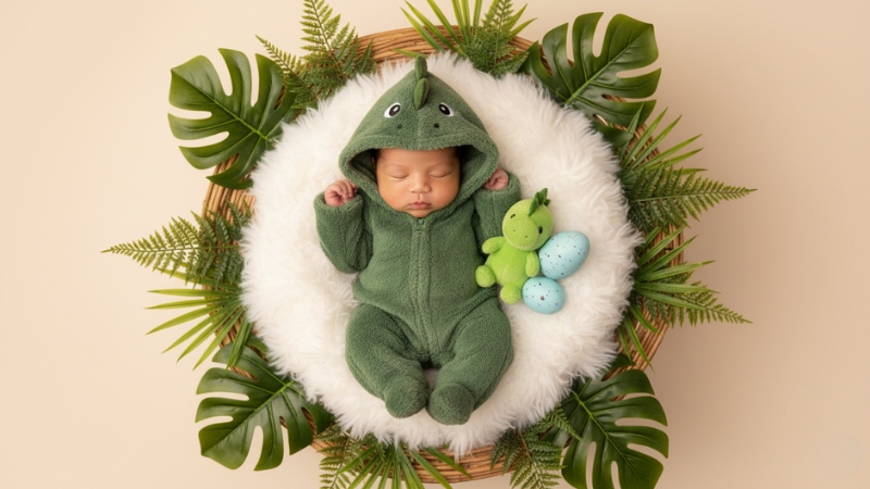 Ảnh newborn AI cho bé trai với concept khủng long
