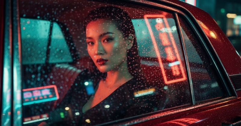 Cô gái trong xe ô tô đêm mưa phong cách điện ảnh Hong Kong