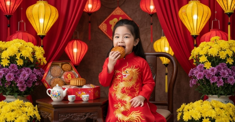 Tạo ảnh Trung thu AI bé gái đang vui vẻ thưởng thức bánh Trung thu