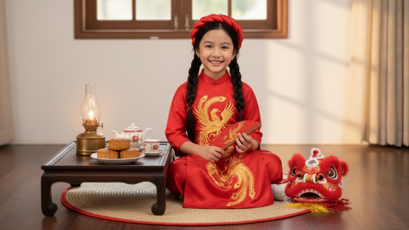 Ảnh Trung thu AI ghép mặt bé gái ngồi bên mâm cỗ và đầu lân sư rồng