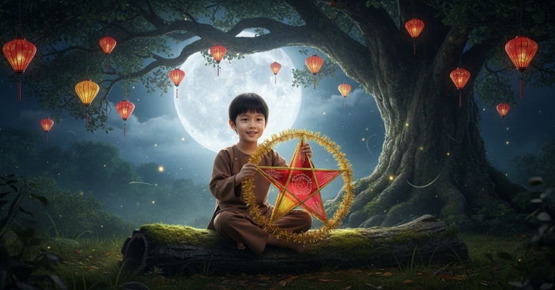 Prompt tạo ảnh Trung thu AI bé trai hóa thân thành chú Cuội