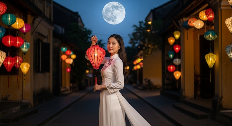 Tạo ảnh cô gái mặc áo dài trên tay cầm đèn lồng với Imagen 4