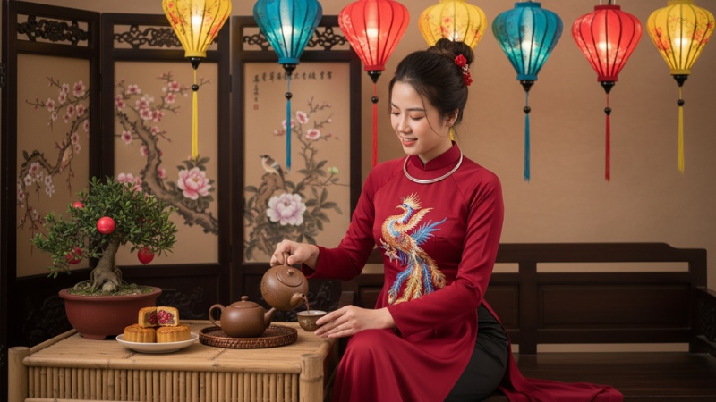 Ảnh AI cô gái mặc áo dài đang rót trà bên mâm bánh Trung thu