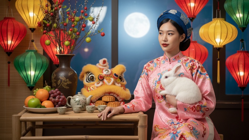 Tạo ảnh Trung thu AI cô gái mặc áo Nhật Bình đang ôm một chú thỏ trắng