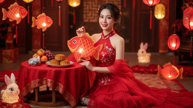 Ảnh Trung thu AI cô gái mặc váy đỏ cầm đèn lồng cá chép