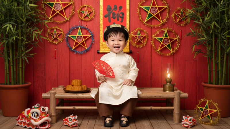 Tạo ảnh Trung thu cho bé trai với background Tết Trung thu