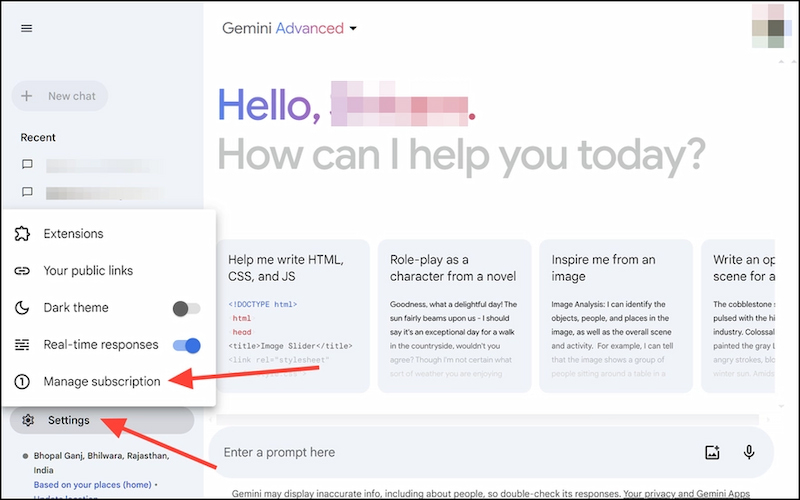 Quản lý đăng ký Gemini Advanced