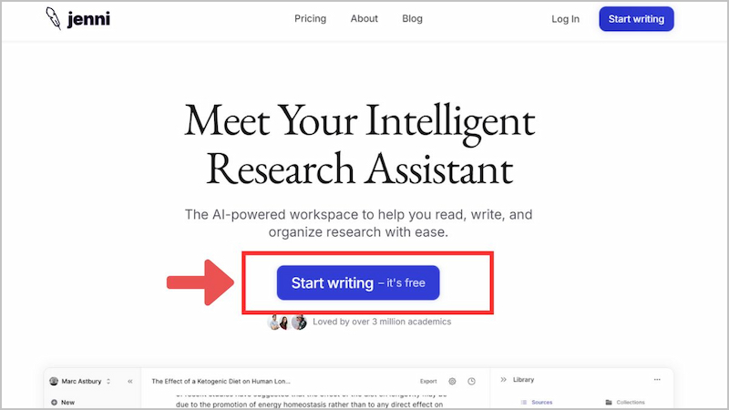 Chọn Start Writing để sử dụng Jenni AI