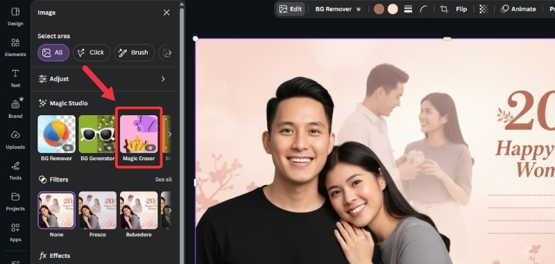 Sử dụng Magic Eraser của Canva để xóa chữ bị lỗi trên poster 20/10