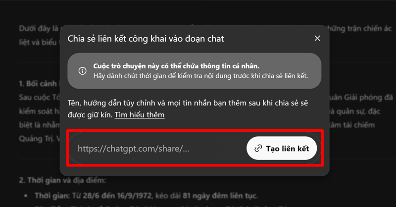 Nhấn vào mục Tạo liên kết 
