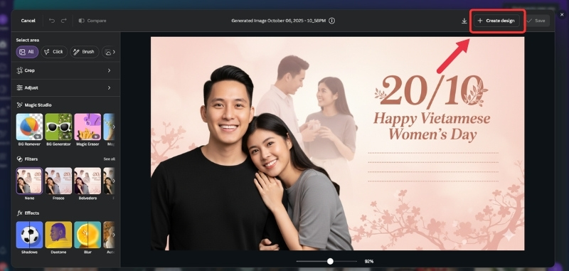 Chọn "Create design" trong Canva để mở trang thiết kế mới