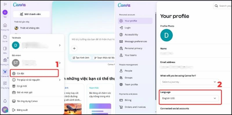 Thay đổi ngôn ngữ Canva