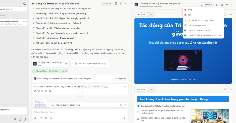 Tính năng xuất sang Google Slides từ Manus AI