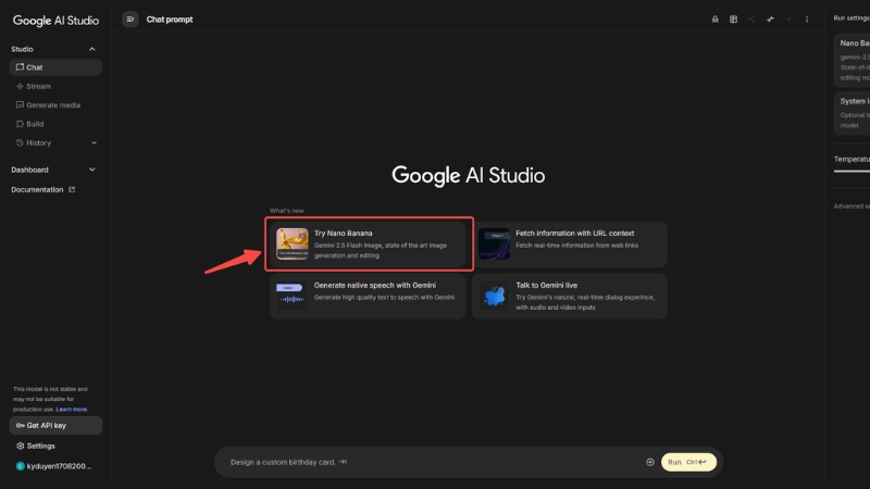 Truy cập mô hình Nano Banana trong Google Ai Studio