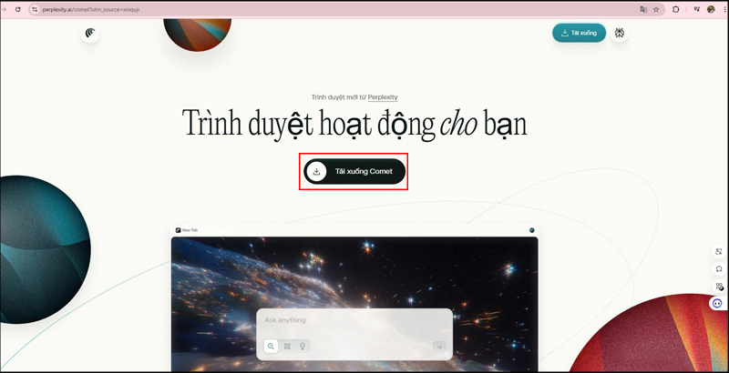 Nhấn Tải xuống Comet trong trang chủ Perplexity Comet